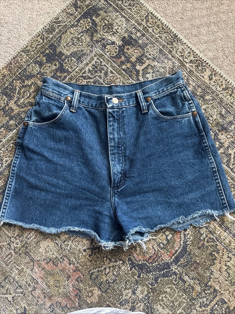 Wrangler Medium Blue High-Waist Frayed Hem Denim Shorts